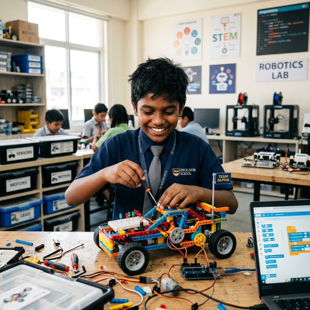 Kid building a robot